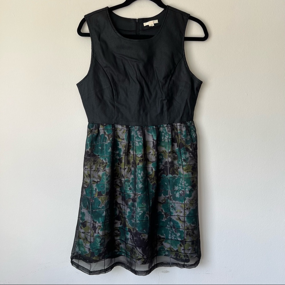 Tulle Fit & Flare Dress Sleeveless Floral Windowpane Overlay Black Green Size XL